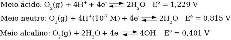 Semi-reações de redução que ocorrem entre o oxigênio atmosférico em equilíbrio com água em diferentes pHs.