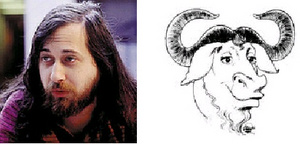 Richard Matthew Stallman, fundador da FSF (Fonte: Wikipedia) e o Logotipo do projeto GNU.(Fonte: Wikipedia)