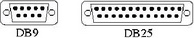 Visão frontal dos conectores DB9 (9 pinos) e DB25 (25 pinos)