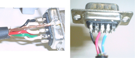 Detalhes da soldagem. Na figura da esquerda aproveitamos a blindagem do cabo e soldamos na carcaça do conector - apenas no conector ligado ao PC. A figura da direita mostra um cabo conectando apenas os 3 pinos básicos (Tx, Rx e Gnd (terra)).