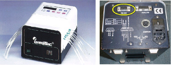 Bomba peristáltica Ismatec IPC com a interface serial em destaque.