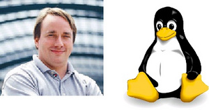 Linus Torvalds aos 35 anos, criador do kernel Linux (Fonte: Wikipedia) e o piguim Tux, mascote do Linux. (Fonte: Wikipedia)