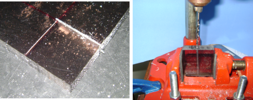 Corte do bloco de 4cm x 4cm e furo único de 4cm com broca de 2,5 mm de diâmetro.