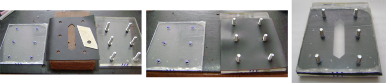 Etapas de montagem da cela de fluxo microfluídico para eletroquímica com recheio de borracha.