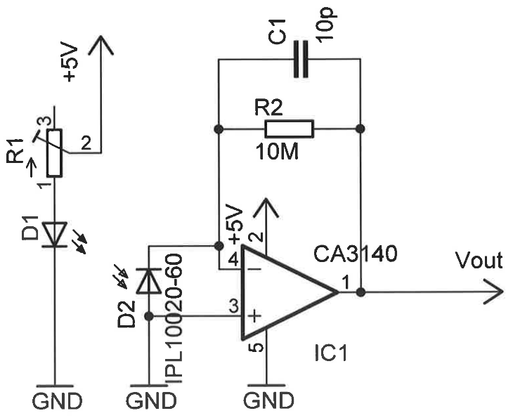 Circuito com o AO CA3140 em modo “amplificador inversor” para medidas de fotocorrente (Fonte: Martina O'Toole, 2007)