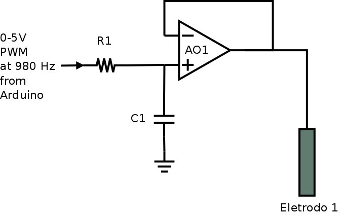 Circuito com filtro RC na entrada não inversora de um AO (AO1) configurado como um seguidor de voltagem.