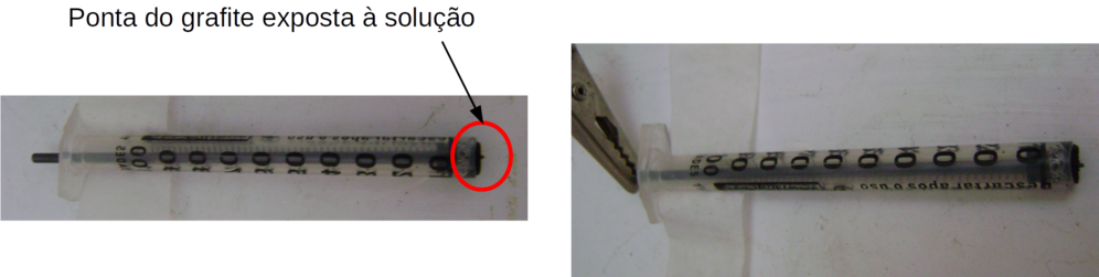 Filamento de grafite (HB) de ~8cm dentro de uma seringa de insulina.