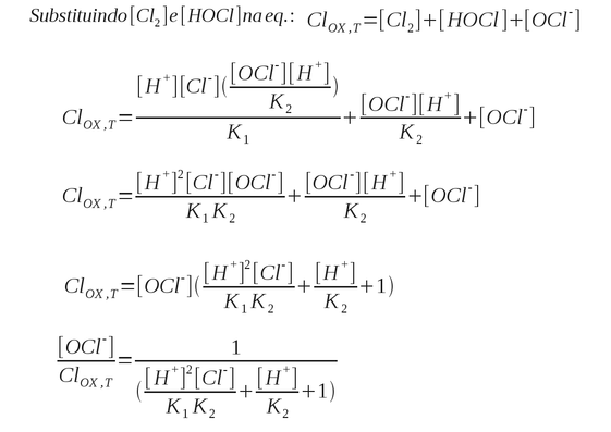 Dedução da equação para o cálculo da concentração relativa de OCl-. (Fonte: Water Chemistry, 2011 e www.atsdr.cdc.gov/toxprofiles/tp172-c4.pdf)