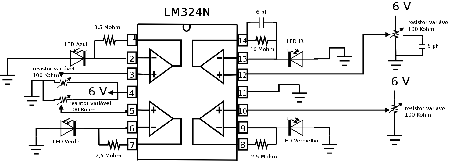 Configuração do circuito do fotômetro correspondente aos dados da figura 234, com distância de ~4cm entre os LEDs Emissores e LEDs Sensores.