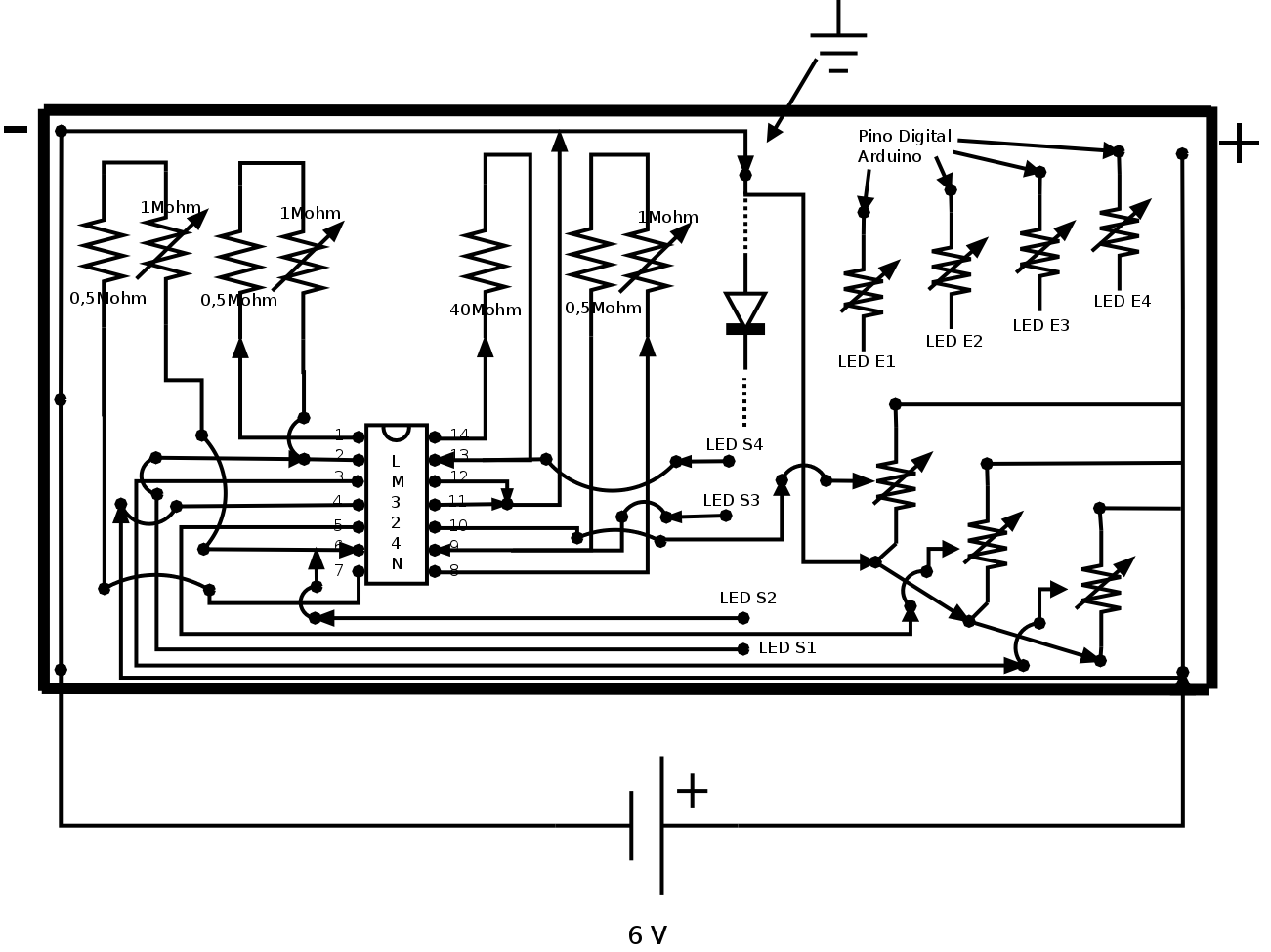 Diagrama do circuito montado em uma placa. (LED E - LED Emissor, LED S - LED Sensor)