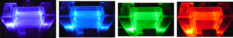Fotos da cubeta com o extrato bruto a (5%) exposta aos LEDs: UV, Azul, Verde e Vermelho.