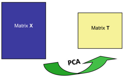 Diagrama da transformação da matriz de dados X na matriz de scores (T). (Fonte: Introduction to multivariate calibration in analytical chemistry, 2000)