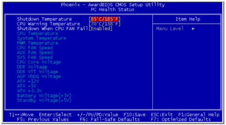 Tela do CMOS Setup para ajuste dos limites de proteção por superaquecimento do processador.