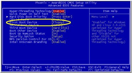 Tela do CMOS Setup na opção Advanced BIOS Features com destaque para a seleção do primeiro dispositibo de BOOT.