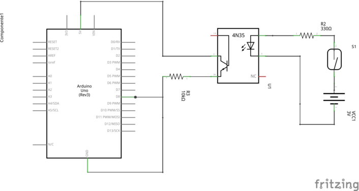 Diagrama esquemático do circuito do pluviômetro com o uso de um acoplador óptico 4N35.