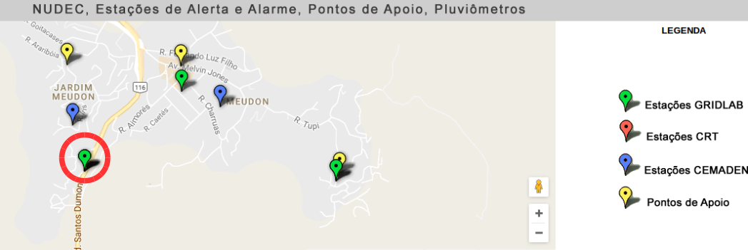 Pluviômetros na região do Vale da Revolta segundo o mapa da defesa civil com destaque (círculo vermelho) para o pluviômetro instalada próximo da associação de moradores do Vale da Revolta